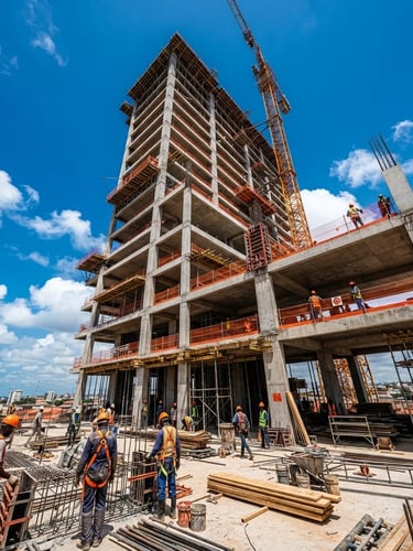 Low-angle heroic shot of active construction site in Lomé, Togo, modern concrete building frame under bright high-contrast West African daylight, safety orange accents