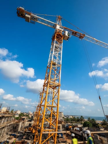 Vue en contre-plongée d'une grue de chantier moderne sur fond de ciel bleu à Lomé, lumière du matin éclatante.