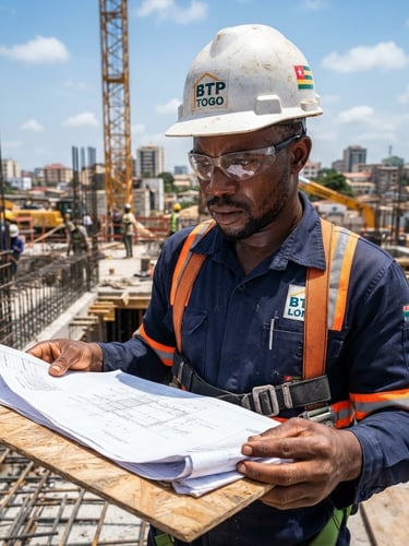 Close-up of a Togolese civil engineer in a white hardhat looking at architectural blueprints on a bright, active construction site in Lomé, high-contrast West African daylight, safety orange accents.