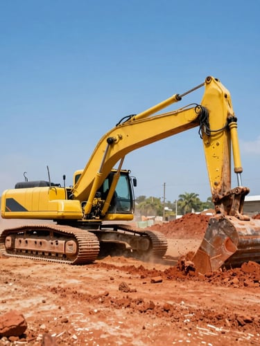 A powerful yellow excavator operating on a large civil engineering site in Togo, moving red earth under bright high-contrast daylight, dust particles in the air, wide-angle lens.