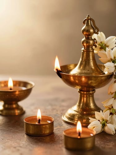A close-up of warm glowing brass Nilavilakku lamps with fresh jasmine garlands draped elegantly, soft golden hour backlighting, luxury editorial style.