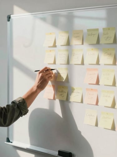Dynamic over-the-shoulder angle of a team collaborating around a physical whiteboard with messy post-it notes, deep shadows, natural directional light.