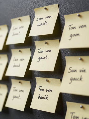 Close-up macro shot of messy post-it notes with handwritten Dutch text on a dark petrol wall, sharp studio lighting, high contrast.