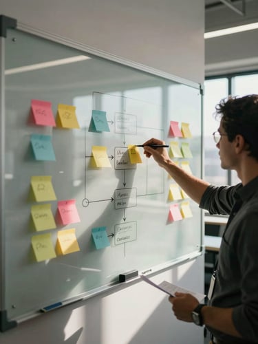 Dynamic over-the-shoulder shot of a modern enterprise workshop, a team mapping out a user flow on a large glass whiteboard with colorful post-it notes, high-contrast natural light, deep shadows.