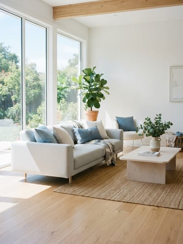 Bright sunlit living room with pristine hardwood floors, soft blue accent cushions, natural daylight streaming through large windows, minimalist modern aesthetic, 35mm photography