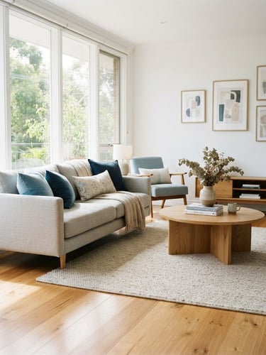 Bright sunlit modern living room with pristine hardwood floors, soft blue accent cushions, natural daylight streaming through large clean windows, 35mm photography