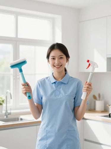 A professional cleaner in neat branded attire smiling in a bright, sunlit modern kitchen, holding high-quality cleaning tools, natural light, 35mm