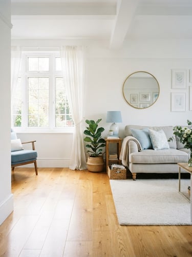 Sunlit immaculate home interior with polished wooden floors and soft sky blue accents, clean white walls, natural window light, 35mm