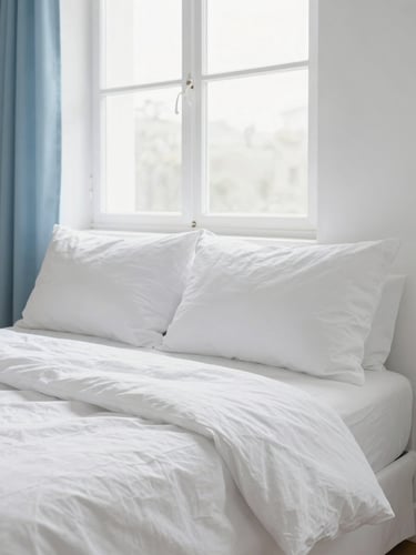 Bright high-key interior photography of a clean modern living room, soft natural window light, pristine white linen, 35mm