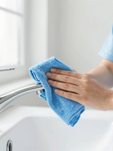 A professional cleaner in neat attire using a microfibre cloth to polish a gleaming chrome faucet, bright natural daylight, close-up details, 35mm