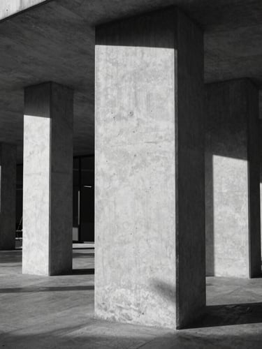 Portrait black and white architectural photograph of concrete pillars and deep shadows in a modern Brazilian pavilion, warm afternoon light hitting raw concrete textures.