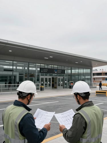 Wide shot of a modern, sleek transit hub under construction, with engineers reviewing blueprints in the foreground, crisp overcast daylight, desaturated slate tones, 35mm