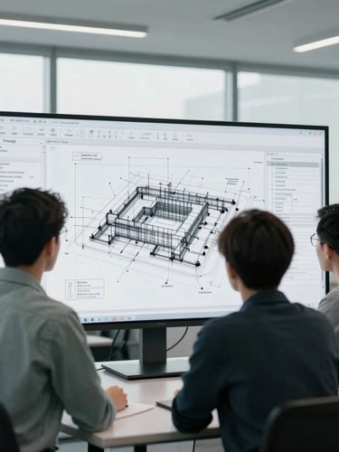 Wide shot of engineers reviewing complex infrastructure blueprints on a large monitor, with technical diagrams visible, in a modern, well-lit office, cool overcast daylight, desaturated slate and sage tones, sharp focus, 35mm