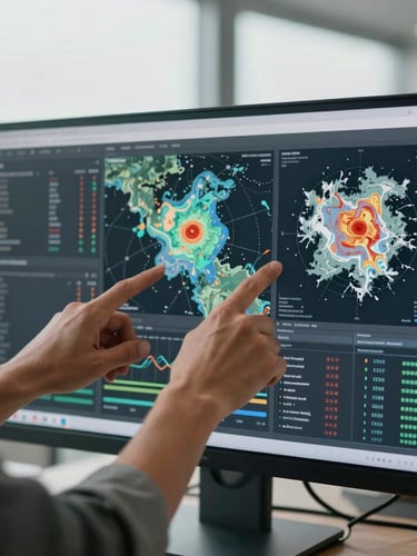 Medium-close shot of an engineer's hands pointing at detailed climate model visualizations on a large monitor, with complex data graphs and geographic overlays, crisp natural overcast daylight, desaturated slate and sage tones, sharp focus, 35mm