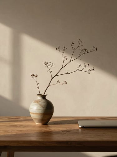 A quiet, minimalist workspace with a single ceramic vase holding a dried branch, soft shadows on a warm plaster wall, natural light