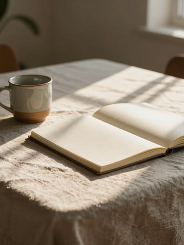 A wide, atmospheric environmental shot of a quiet workspace at morning golden hour. Soft, diffused natural light streams across a textured linen tablecloth, illuminating a simple ceramic mug, a notebook of handmade paper, and soft abstract shadows cast by a nearby plant. No people.