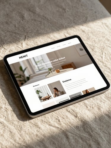 A clean, minimalist website layout displayed on a tablet resting on a warm linen tablecloth, soft morning shadows casting across the scene.