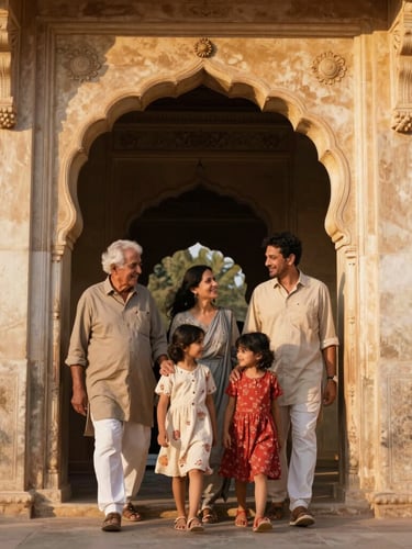 Medium shot of a multi-generational family—grandparents, parents, and children—walking together through a beautifully carved stone archway of a Rajasthani palace, warm golden-hour light casting soft shadows, candid and joyful interaction.