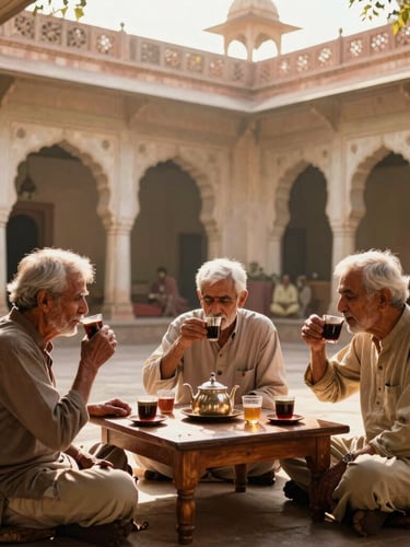A warm, sun-drenched courtyard of a Rajasthani heritage haveli, three generations of a family sitting together at a low wooden table drinking tea, soft golden light filtering through stone arches.