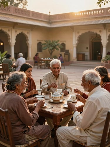 A warm environmental portrait of a multi-generational family sharing tea in a sunlit heritage hotel courtyard in Rajasthan, soft golden-hour light, candid interactions