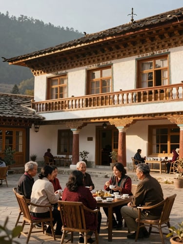 A warm, sunlit heritage hotel courtyard in the Himalayan foothills, with a multi-generational family sitting together enjoying afternoon tea, soft golden hour light.