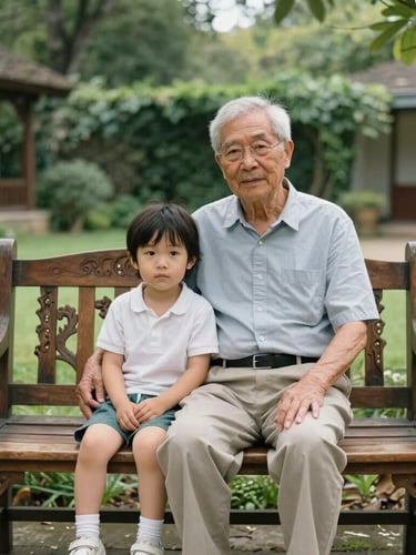 A medium environmental portrait of an elderly grandfather and a young child sitting together on a beautifully carved wooden bench in a quiet, shaded heritage hotel garden, soft diffused natural daylight.