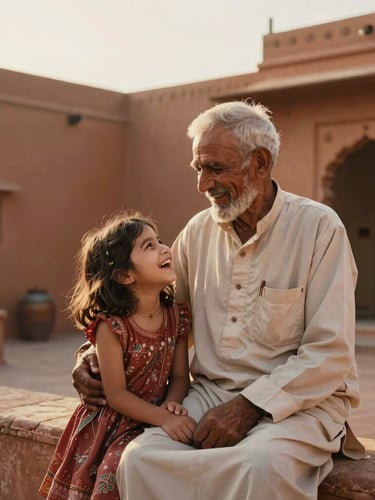 A warm environmental portrait of an elderly grandfather and his young granddaughter laughing together in a sunlit, terracotta-walled courtyard in Rajasthan, soft golden-hour light.