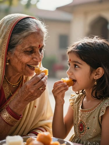 A warm, candid close-up of a grandmother and her young granddaughter tasting traditional Indian sweets together in a sunlit heritage courtyard, soft lighting, focused on their joyful expressions.