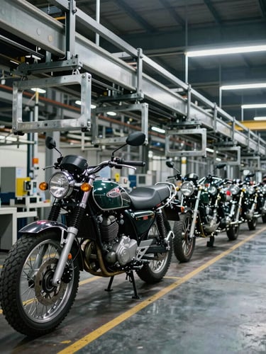 Wide-angle industrial shot of a motorcycle assembly line, cool-toned factory floor lighting, steel frames suspended from overhead conveyors, metallic textures.