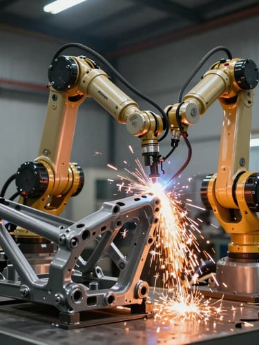 Wide-angle view of a robotic weld arm casting bright orange sparks onto a heavy-duty motorcycle chassis frame, cool-toned industrial factory background with metallic reflections.