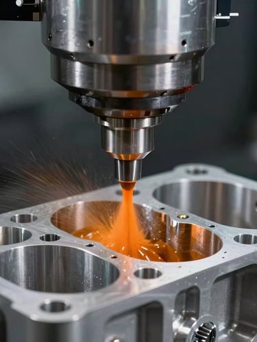 Macro close-up of a high-precision CNC milling machine cutting a billet aluminum engine block, cool metallic silver surfaces, sharp orange cooling fluid spray, industrial high-contrast lighting.