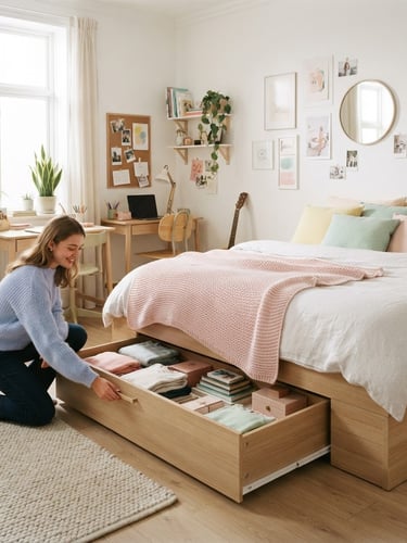 Bright Scandinavian teen bedroom, natural window daylight, light wood storage drawer bed sliding open, soft pastel accents, 35mm lens