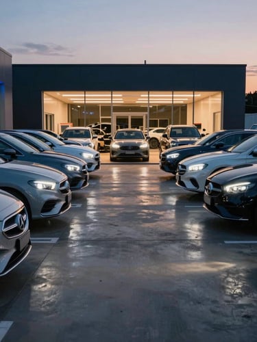 Wide-angle environmental shot of a premium car dealership lot at dusk, rows of clean modern vehicles with sharp headlights glowing, electric blue ambient lighting from the showroom reflecting on polished concrete.