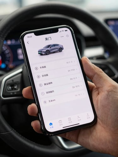 Tight macro shot of a modern smartphone displaying a clean vehicle inventory dashboard, held by a hand inside a dealership showroom, soft steering wheel blur in background, electric blue lighting