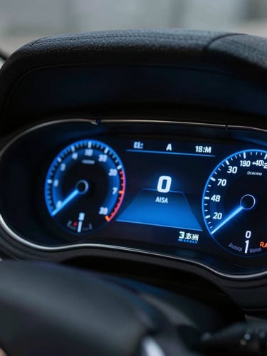 Tight macro shot of a modern car dashboard instrument cluster glowing with sharp electric blue light, high contrast studio lighting, deep shadows.