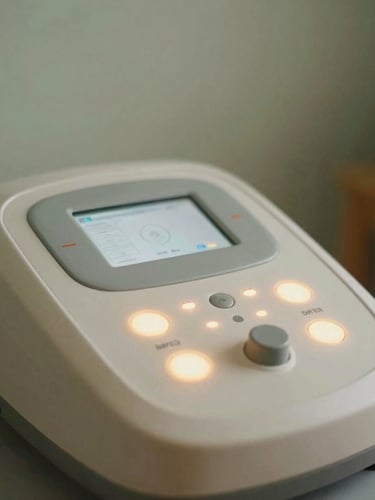 Close-up of advanced bio-resonance wellness equipment with soft glowing indicators, warm natural light, muted sage background