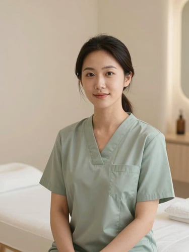 Serene warm-lit portrait of a professional female therapist in a soft alabaster wellness clinic, minimalist luxury spa setting, shallow depth of field