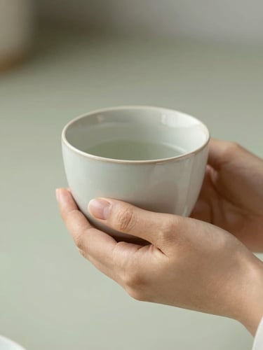 Serene close-up of hands holding a warm ceramic cup, soft diffused natural daylight, muted sage background, shallow depth of field, elegant 35mm