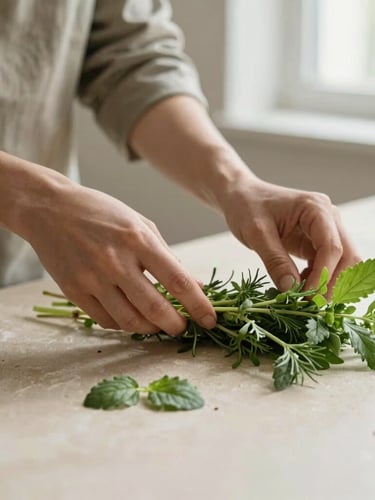 Close-up of hands preparing fresh organic herbs on a light stone counter, soft diffused window light, warm editorial style