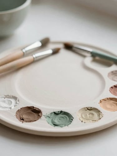 A ceramic palette with earthy clay paint pigments, paintbrushes resting nearby, soft natural side lighting, shallow depth of field
