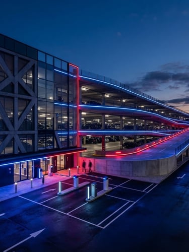 Wide architectural shot of a modern, multi-level parking garage at twilight, illuminated with deep blue and crimson red LED strip lights, showing automated entry barriers and clear linear markings, sharp linear perspective, high contrast.