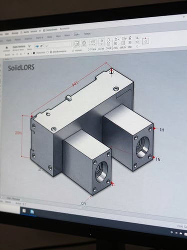 Extreme close-up of a SolidWorks part file on monitor, tolerance dimension annotations visible on screen, hard side-raking studio light, cool color temperature, sharp geometric CAD lines dominating the frame