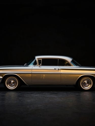 A classic 1958 Chevrolet Impala silhouette, side profile, captured in a dark studio with sharp golden-hour highlights tracing the chrome fenders.