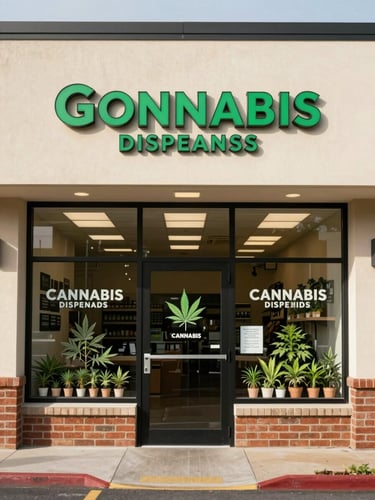Wide environmental shot of a retail cannabis dispensary storefront exterior on Gosnell Road, Tysons Virginia — straight-on framing, clean daylight illumination, store entrance clearly visible with posted signage on the door, no pedestrians or customers, professional retail exterior, institutional photography style