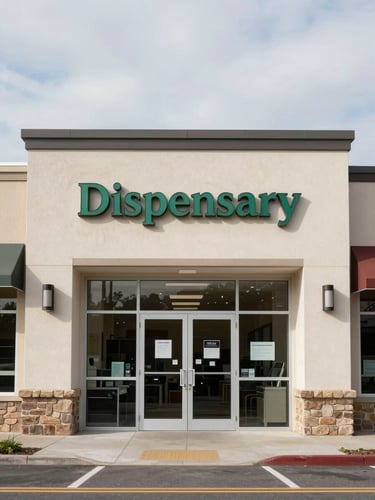 Wide environmental shot of a retail dispensary storefront entrance on Gosnell Road, straight-on framing, clean professional exterior signage visible, natural daylight, overcast sky, no customers or people in frame, institutional retail aesthetic