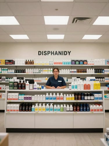 Wide interior shot of a clean retail dispensary counter under bright LED overhead lighting, a staff member in professional attire standing behind a organized display counter, straight-on medium framing showing product organization and clear signage on the back wall, no customers visible, institutional retail atmosphere
