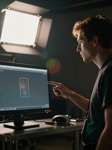 Behind-the-scenes on-set moment with a director looking at a monitor under moody studio lighting, dramatic chiaroscuro, cinematic film photography, 35mm