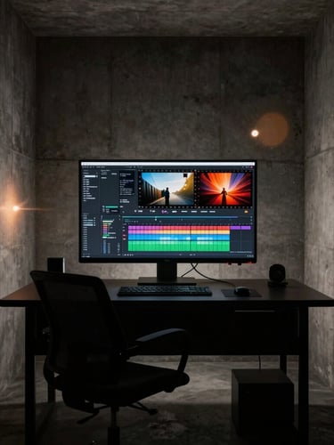 A minimalist high-contrast production studio interior in Jakarta, concrete walls, dramatic chiaroscuro lighting, a high-end editing suite with a glowing monitor displaying a cinematic color-grading timeline, 35mm film style.
