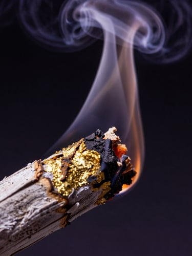 Macro close-up of burning white sage smudge stick, thick aromatic smoke rising against a pitch black background, warm golden embers glowing.
