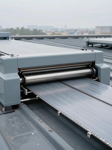 Close-up of industrial roll-forming machinery in action on a roof, profiling double-lock zip seams, crisp overcast daylight, metallic gray tones, 35mm.